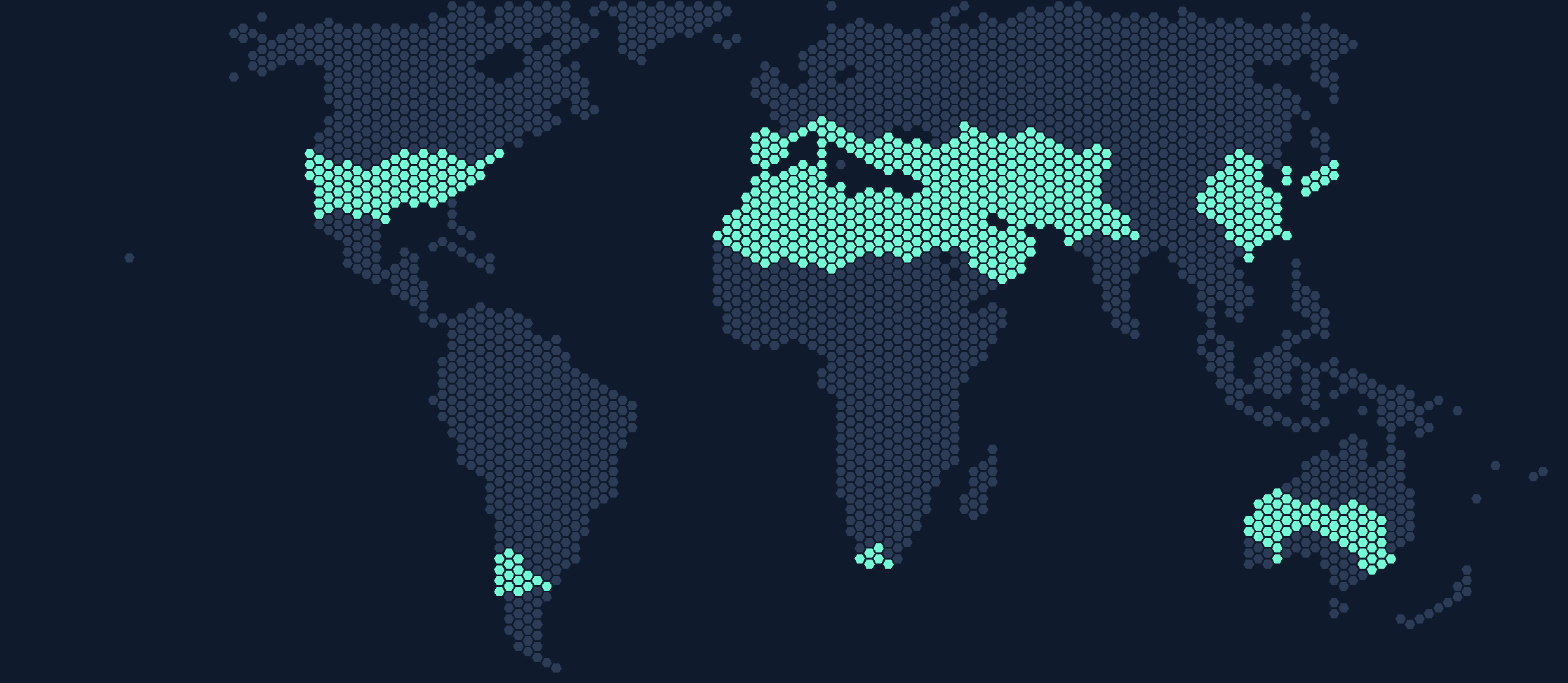 World map in hexagons; highlighted regions include the southern and central United States, Spain and the Mediterranean, North Africa, the Middle East, Central Asia, northern and central China, Korea, western Argentina and southern Australia.
